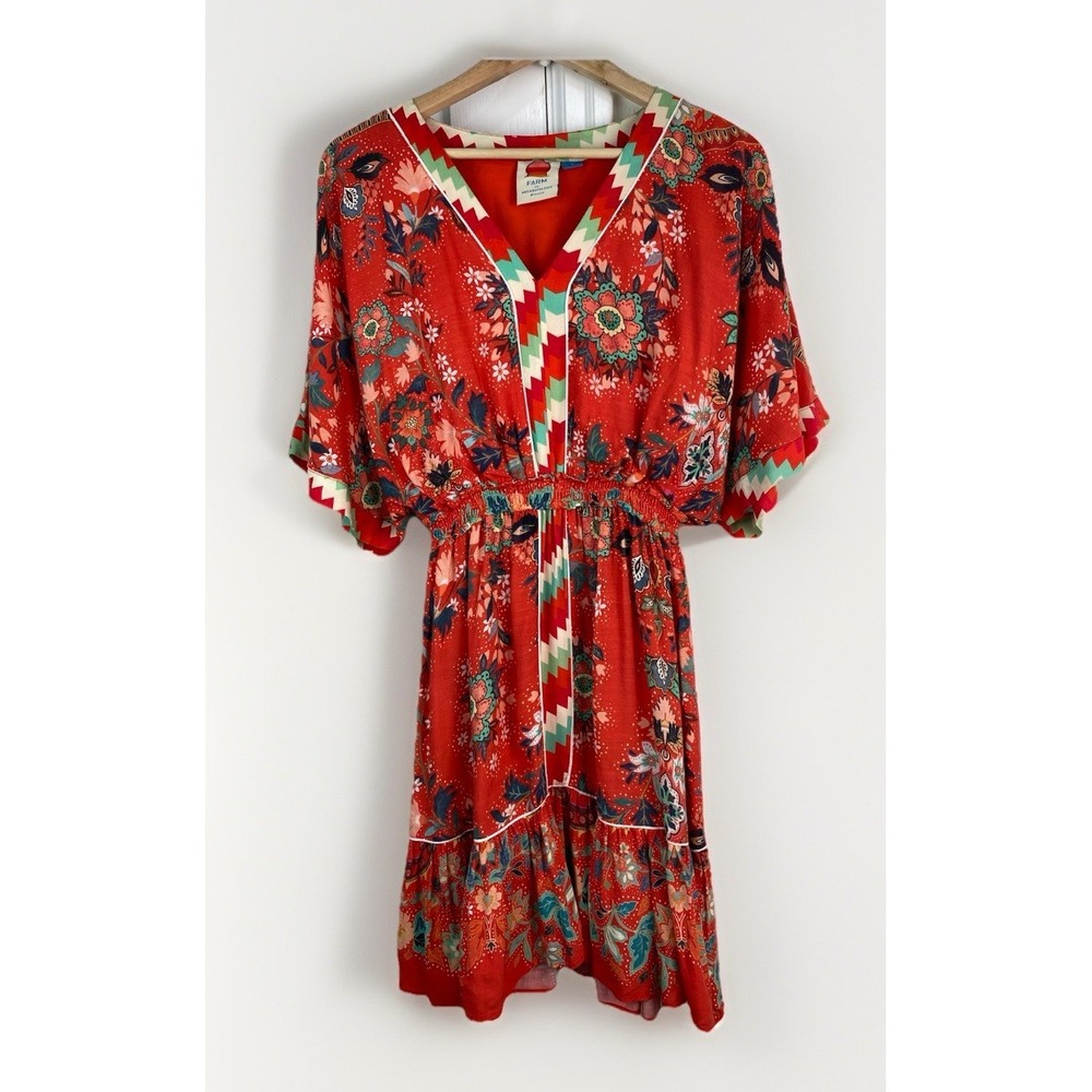 Farm Rio Anthropologie Women's M Red Floral Dolman Sleeve Ruffle Hem Dress